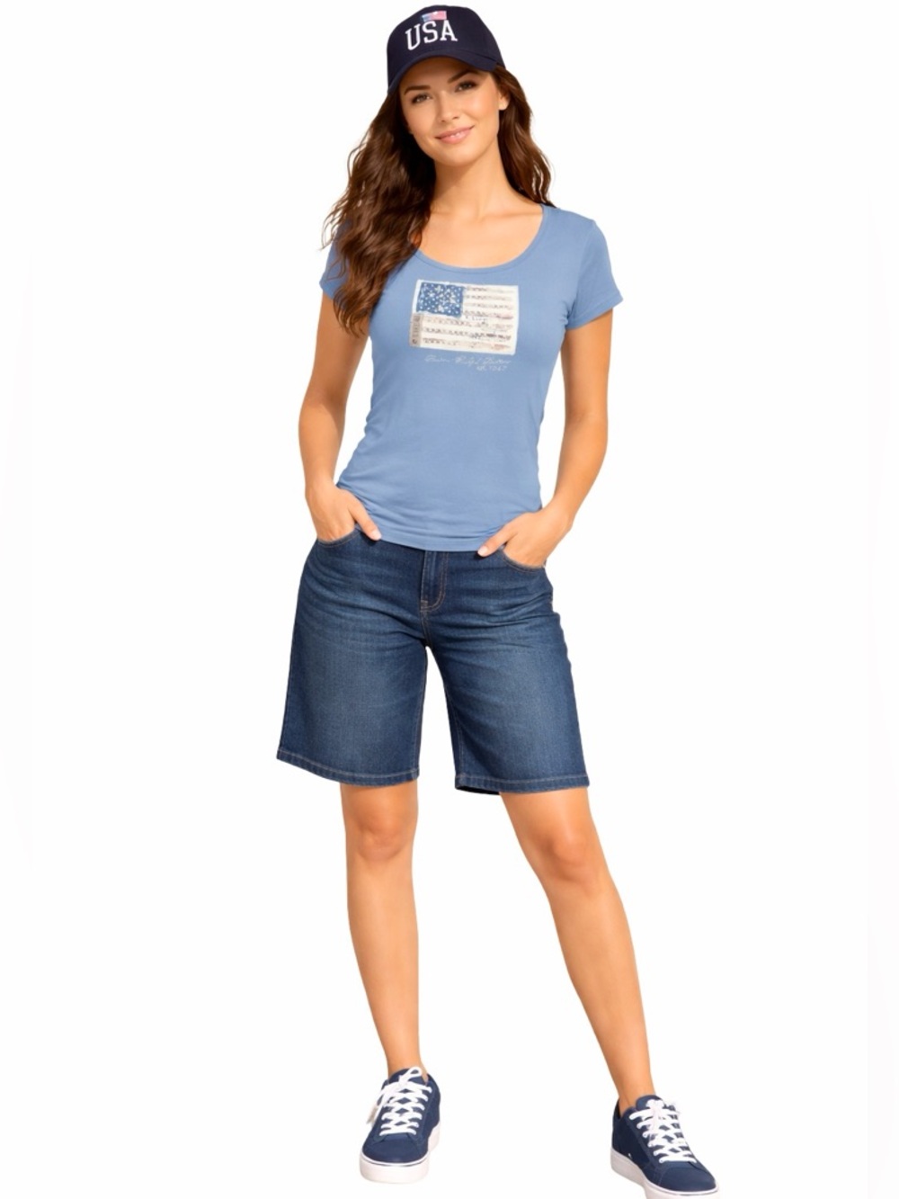 Lauren Ralph Lauren Vintage 90’s Ribbed Flag Tee Size Medium Blue Scoop Neck